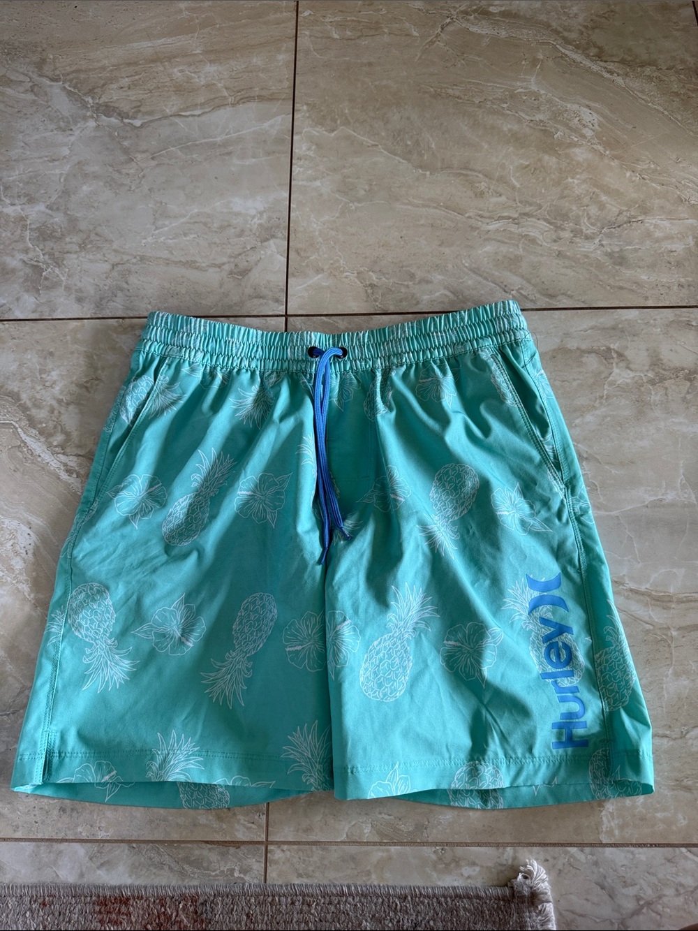 Hurley Teal Pineapple Print Athletic Swim Shorts with Blue Drawstring